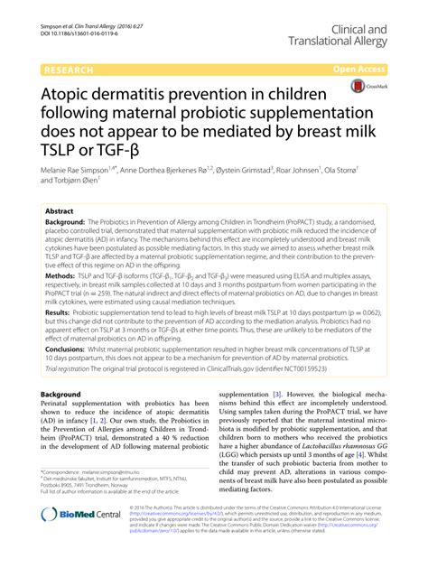 (PDF) Atopic dermatitis prevention in children following maternal ...