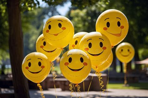 Yellow Smiley Face Balloons Floating In A Park On A Sunny Day Stock