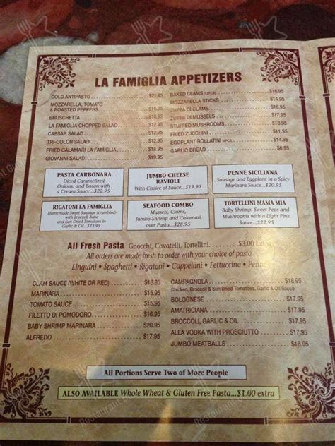 Menu at La Famiglia pub & bar, Plainview, 641 Old Country Rd