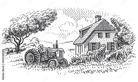 An Old Tractor Near Farmhouse In Countryside Engraving Style