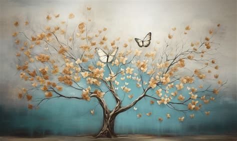 Una pintura de un árbol con mariposas en él Foto Premium