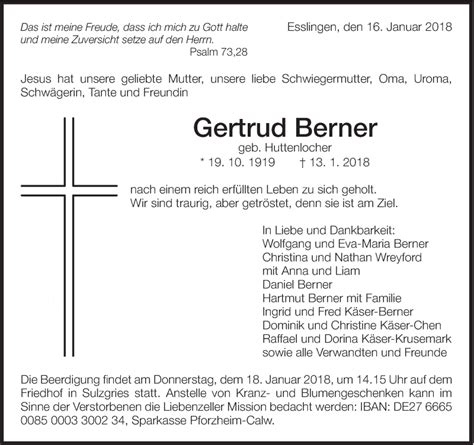 Traueranzeigen Von Gertrud Berner Zeit Des Gedenkens De