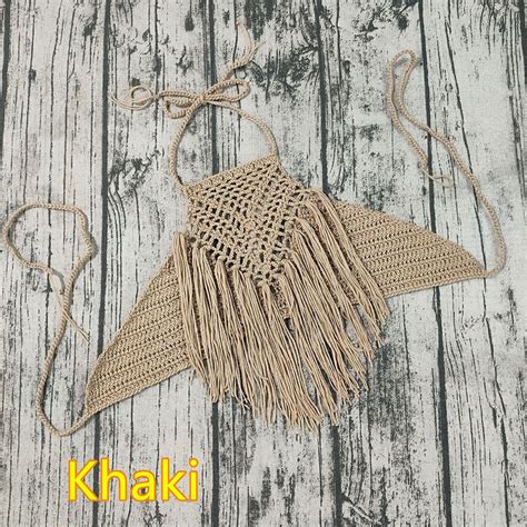 Buyisi Women Crochet Bikini Top Triangle Hollow Out Swimsuit Sexy Swimming Bra Swimwear Khaki L