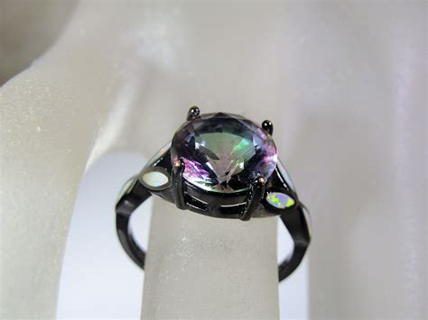 10k Mystic Topaz Ring Gunmetal Rhodium Plated Opal Inlay Synthetic