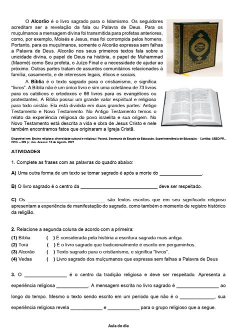 Atividades Textos Sagrados Ensino Religioso - ATIVIDADE ENSINO RELIGIOSO TEXTOS SAGRADOS ESCRITOS