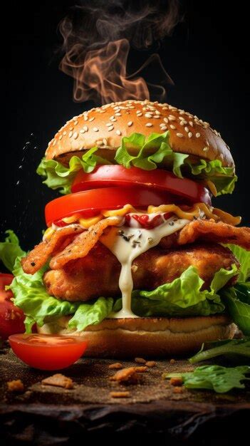 Premium AI Image Chicken Burger With Tomatoes And Lettuce