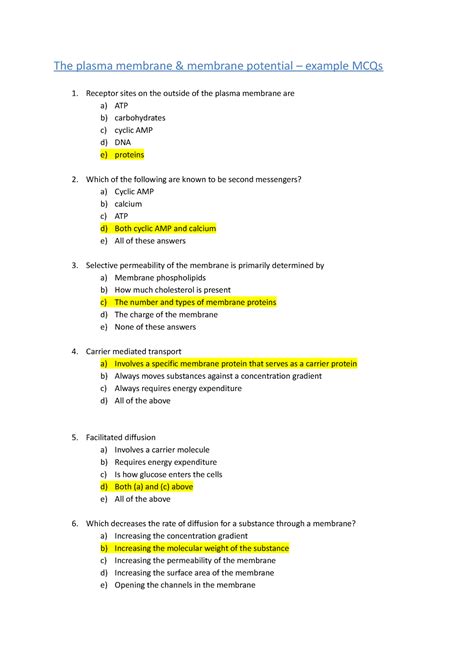 Practice Mcq 1 The Plasma Membrane And Membrane Potential Example Mcqs Receptor Sites On The