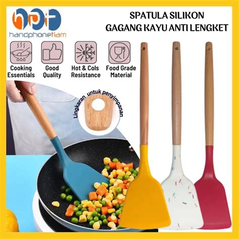 Jual Spatula Masak Silikon Gagang Kayu 32cm Sutil Pegangan Kayu