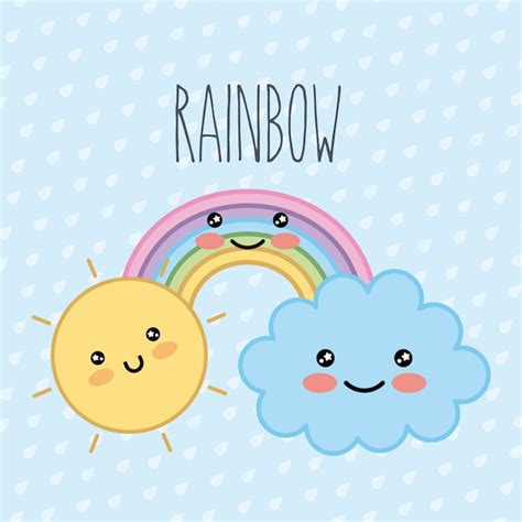 Regenboog Wolk Zon Kawaii Cartoon Stippen Achtergrond Premium Vector