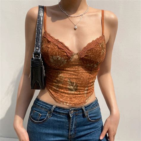 26 Style Floral Mesh Cyber Y2k Crop Tops Women Harajuku Brown Tops Sexy