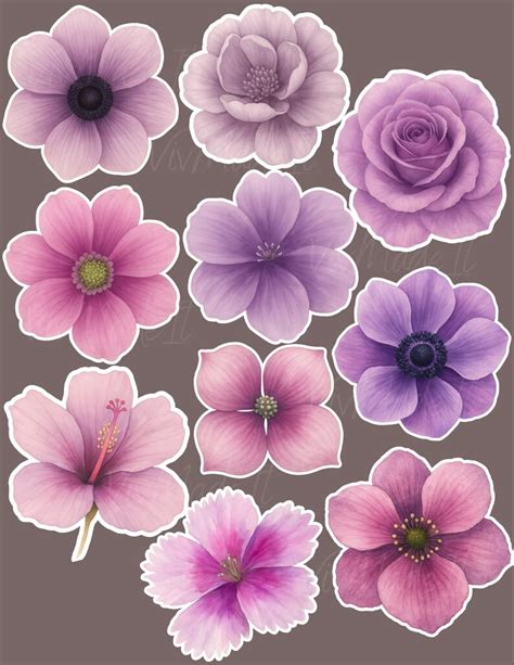 watercolor flower sticker set purple pink botanical die cut stickers