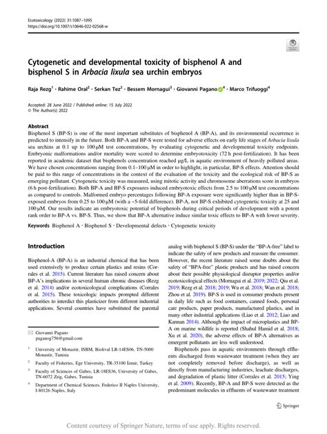 PDF Cytogenetic And Developmental Toxicity Of Bisphenol A And