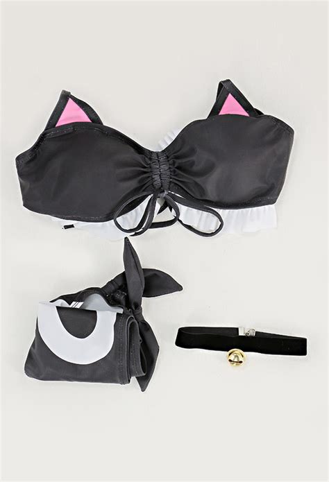Cat Print Bikini Set Two Piece Swimsuit Black Gothic Bathing Suit In Stock