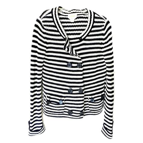 Talbots Womens Blk White Stripe Knit Double Brested Casual Sweater