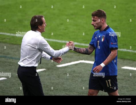 Italy Manager Roberto Mancini Greets Ciro Immobile During The UEFA Euro