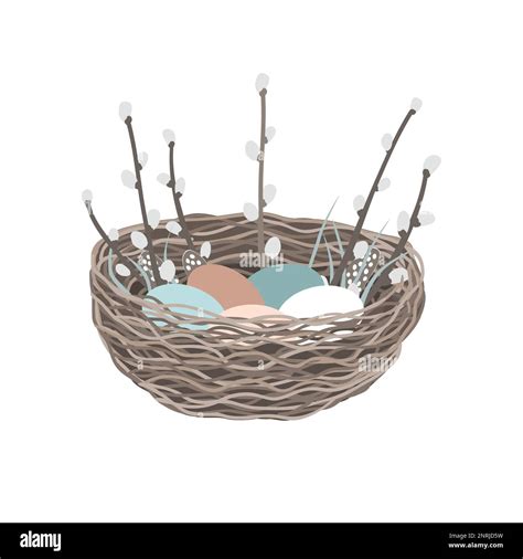 Nest With Colorful Eggs And Pussy Willow Branches Happy Easter Card Woven Nest Design Element