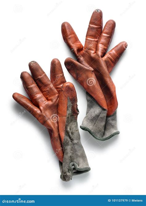 Worn and Torn Orange Rubber Work Gloves on White Stock Image - Image of