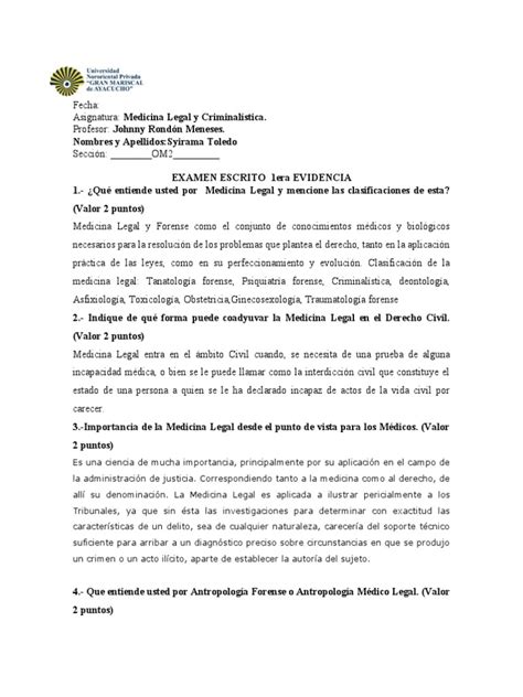 Examen Escrito 2 1era Evidencia Pdf Jurisprudencia Médica