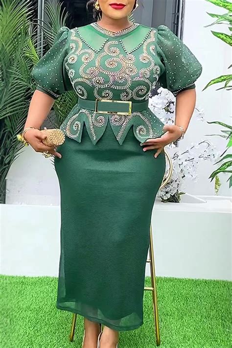 Wholesale Elegant Solid Color With Belt Hot Drill O Neck Wrapped Skirt Plus Size Dresses K135838