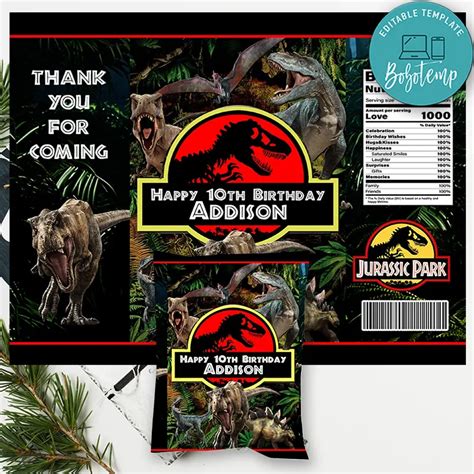 Jurassic Dinosaur Birthday Chip Bag Digital File Printable Diy Bobotemp