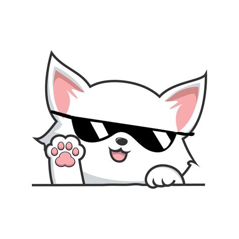 White Cat Waving Paws Hand Cute White Pussy Cat With Sunglasses Vector Art At Vecteezy