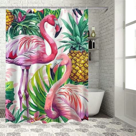 Obrewy Flamingos Tropical Plants Pineapple Waterproof Shower Curtain