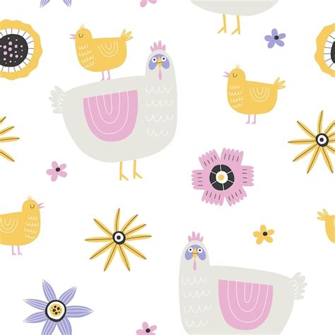 Patr N Sin Fisuras De Pascua Con Flores Gallina Y Pollito Vector Premium