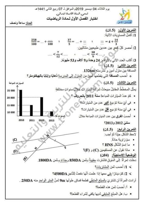 اختبارات السنة الخامسة 5 ابتدائي في الرياضيات الفصل الاول الجيل الثاني ن 08