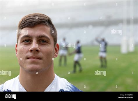 Caucasian Male Rugby Player Standing In Stadium Stock Photo Alamy