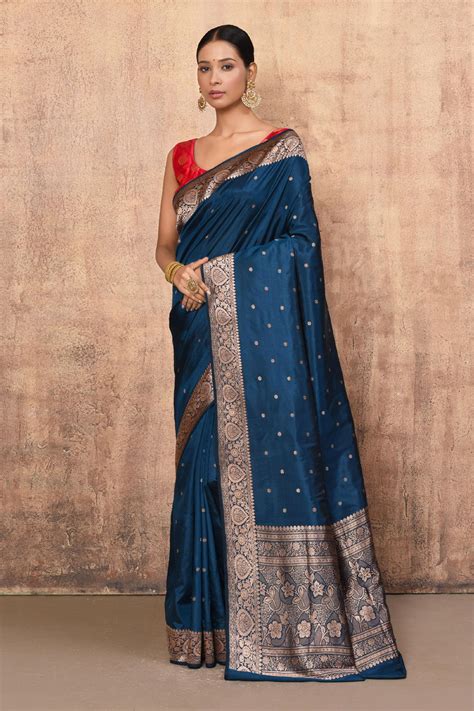 Buy Blue Katan Silk Handwoven Floral Banarasi Saree With Running Blouse