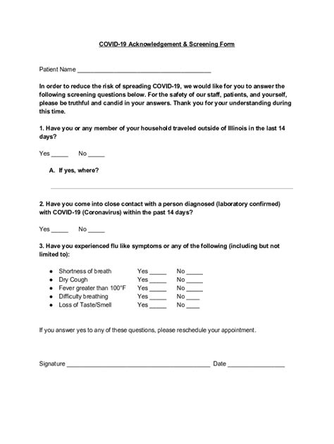 Fillable Online Covid Acknowledgement Screening Form Fax Email