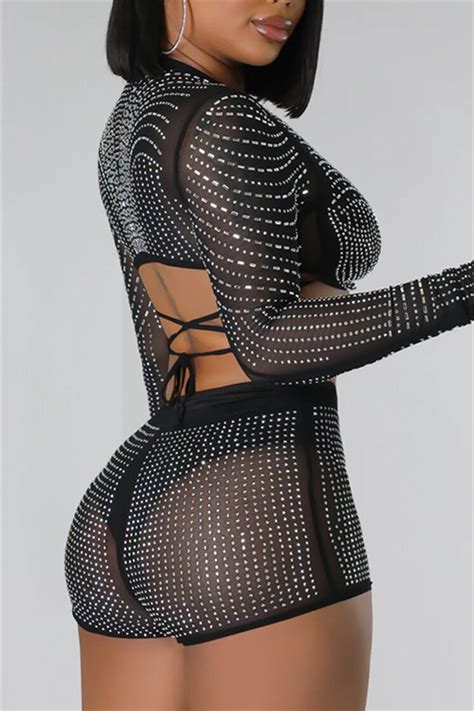 Wholesale Black Sexy Party Hot Drilling See Through Hot Drill O Neck