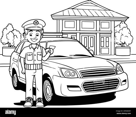 Hombre De Policía Con Coche De Policía Ilustración Vectorial De Dibujos