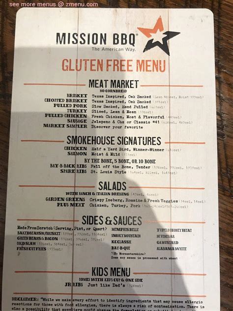Menu at MISSION BBQ, Nashville, 161 Opry Mills Dr