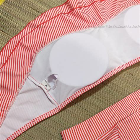 Free Shipping High Waist Bikini Bandeau Swimwear Women Ruffle Swimsuit Striped Swimming Suit