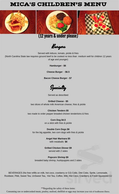 Micas Restaurant And Pub Menu In Sapphire North Carolina Usa
