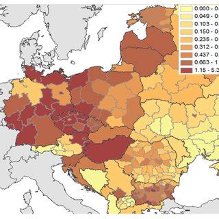 Domestic pig population (average number per km²) in Europe. Adapted ...