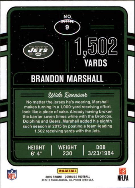 2016 Donruss Production Line Yardage Jets Football Card 9 Brandon