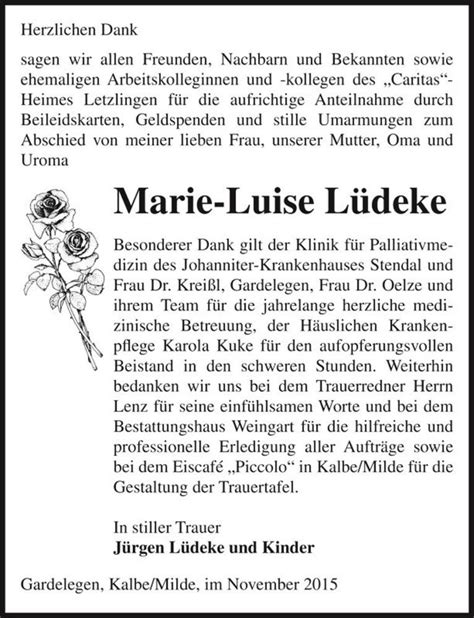 Traueranzeigen Von Marie Luise L Deke Abschied Nehmen De