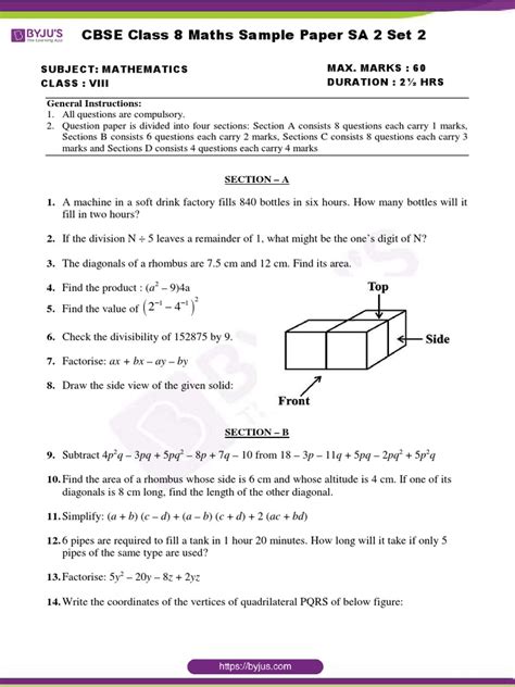 Cbse Class 8 Maths Sample Paper Sa 2 Set 2 Pdf Area Milky Way