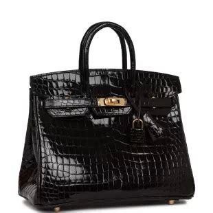 Herm S Birkin Black Shiny Porosus Crocodile Gold Hardware