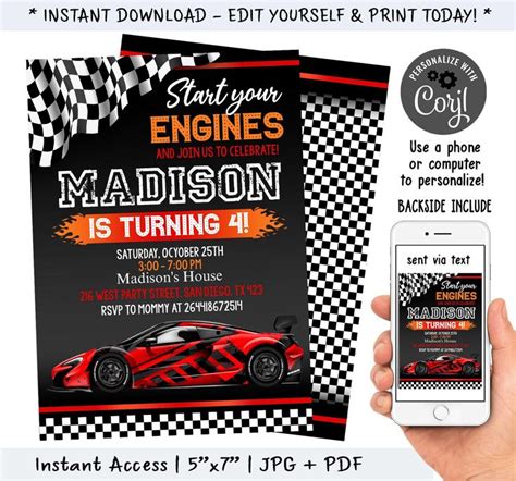 Race Car Invitation Red Race Car Invitation Go Kart Birthday