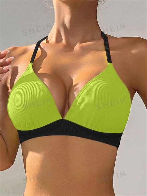 Shein Swim Vcay Top Bikini A Spalline Sottili Scanalate E Con Schiena Aperta Con Blocchi Di