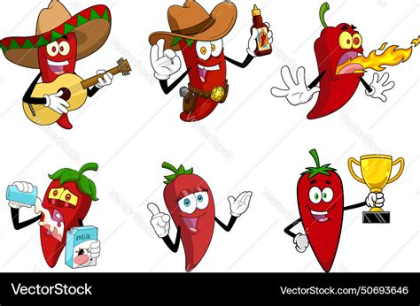 Funny Hot Chili Pepper Cartoon Characters Vector Image