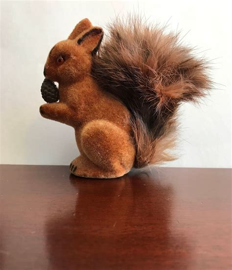 Vintage Flocked Squirrel Figurine Collectible Squirrel With Fur Tail