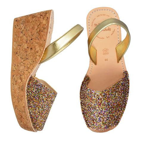 Gold Multi Glitter Cork Wedges Mid Height Avarcas Spanish Sandals