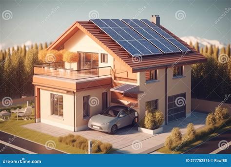 Sustainable Home With Solar Panels On Roof Generative Ai Stock Photo