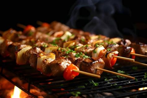 Premium Vector Shish Kebab On The Grill Grilled Meat With Vegetables