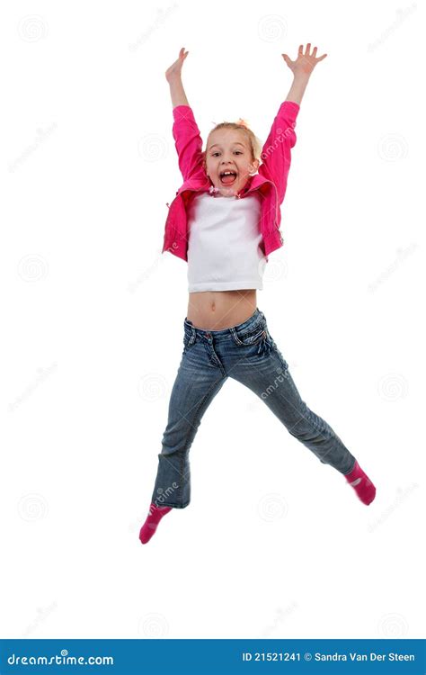 La Fille Blonde Saute Dans Le Ciel Image Stock Image Du Isolement Petit 21521241