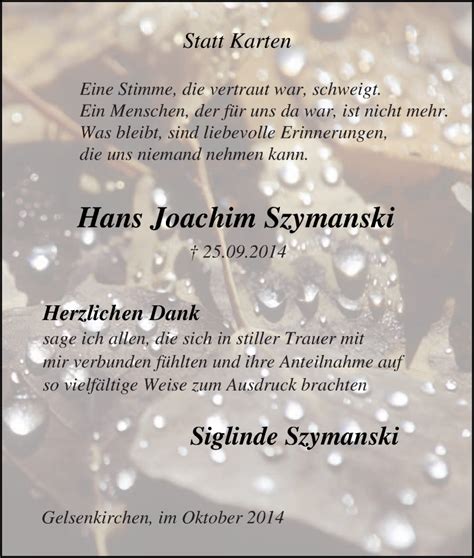 Traueranzeigen Von Hans Joachim Szymanski Trauer In Nrw De